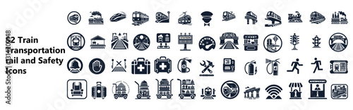 52 Collection of train and Transportation and Safety Icons in Black and White.