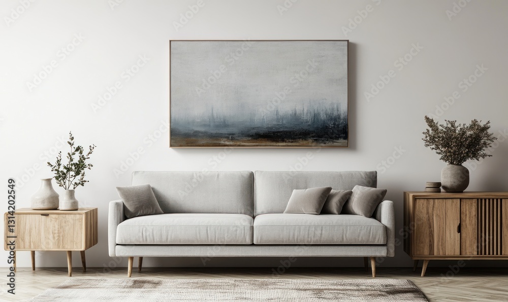 Fototapeta premium Abstract landscape painting above grey sofa in minimalist living room.