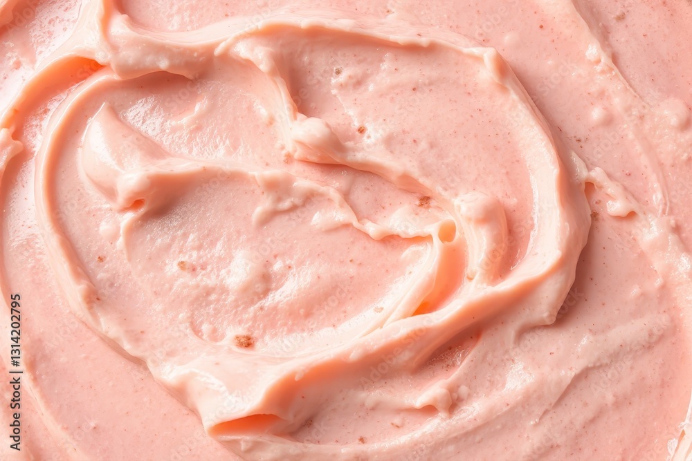 Close-up photograph of creamy pink ice cream with vanilla swirl, dark specks, smooth texture, and bright lighting highlighting indulgent appearance Close-up photograph of creamy pink ice cream with vanilla swirl, dark specks, smooth texture, and bright lighting highlighting indulgent appearance