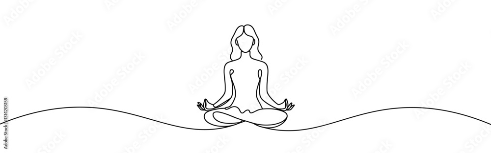 Woman sitting in meditation continuous one line drawing. Yoga sign in simple linear style. Vector illustration. Woman sitting in meditation continuous one line drawing. Yoga sign in simple linear style. Vector illustration.