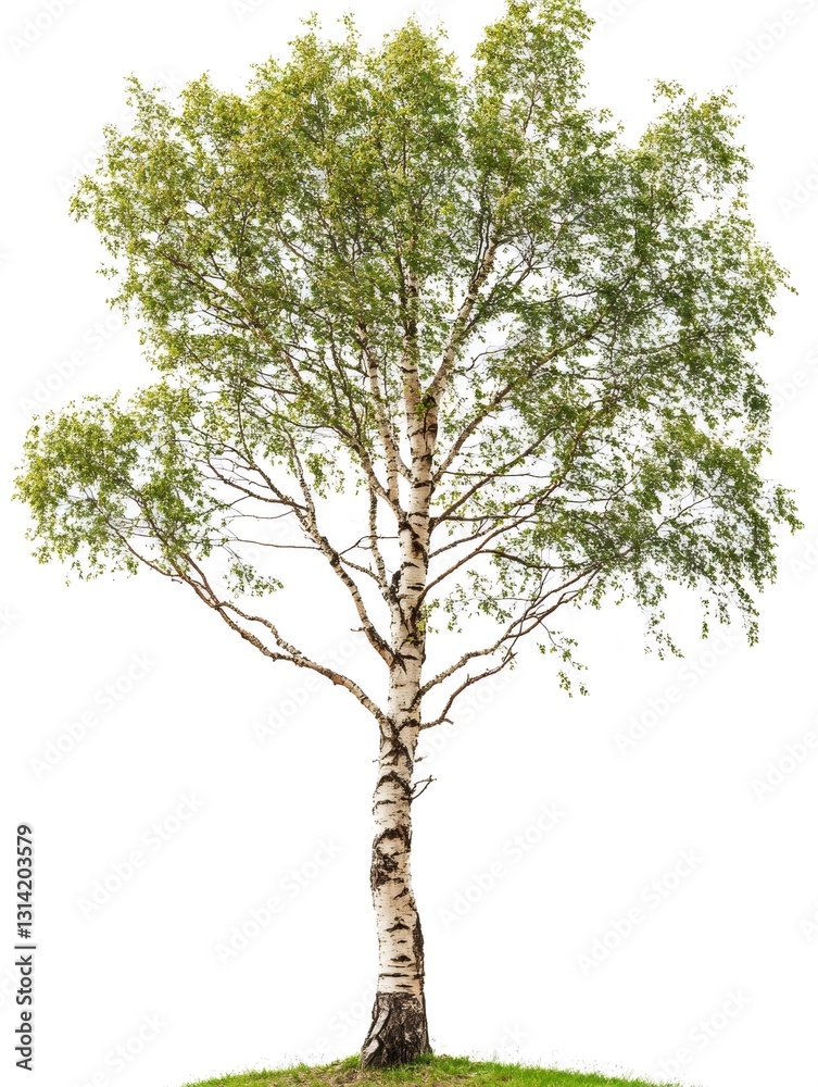 Fototapeta premium Silver birch tree growing on grass patch with white background
