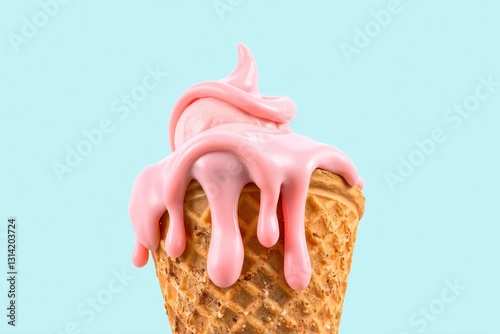 Realistic digital illustration of a waffle cone partially covered in a smooth, glossy white creamy substance, resembling melted ice cream. The golden-brown cone features a detailed grid pattern of rai