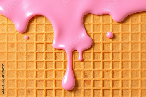 Realistic digital illustration of a waffle cone partially covered in a smooth, glossy white creamy substance, resembling melted ice cream. The golden-brown cone features a detailed grid pattern of rai