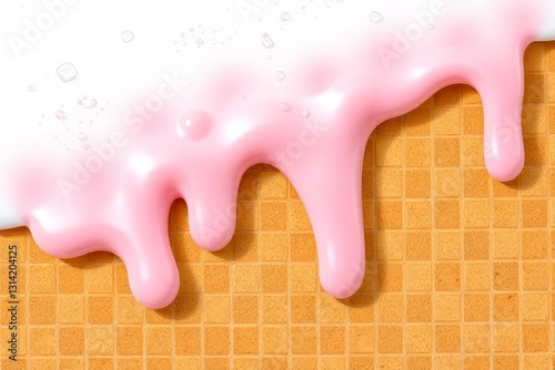 Realistic digital illustration of a waffle cone partially covered in a smooth, glossy white creamy substance, resembling melted ice cream. The golden-brown cone features a detailed grid pattern of rai