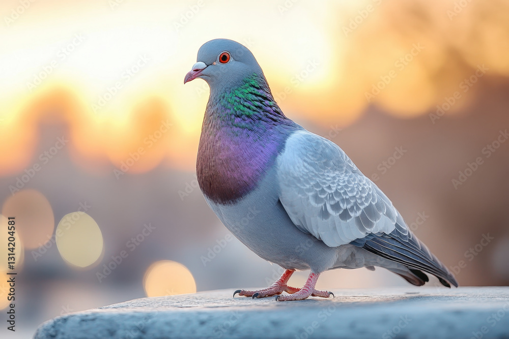 Pigeon perched on city ledge, overlooking bustling street below. Pigeon perched on city ledge, overlooking bustling street below.