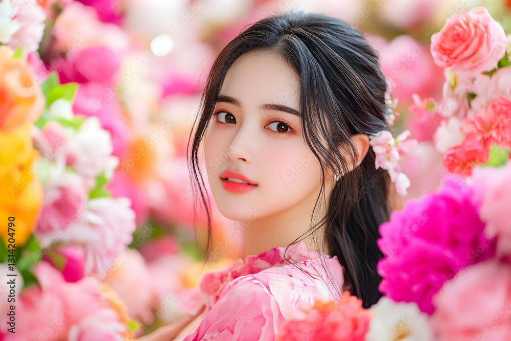 Girl portrait in flower garden. Pink, orange, yellow, white blossoms surround a young, pretty girl Girl portrait in flower garden. Pink, orange, yellow, white blossoms surround a young, pretty girl