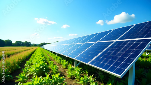 In langer Reihe aufgestellte Solarmodule auf einem bewachsenem Feld.