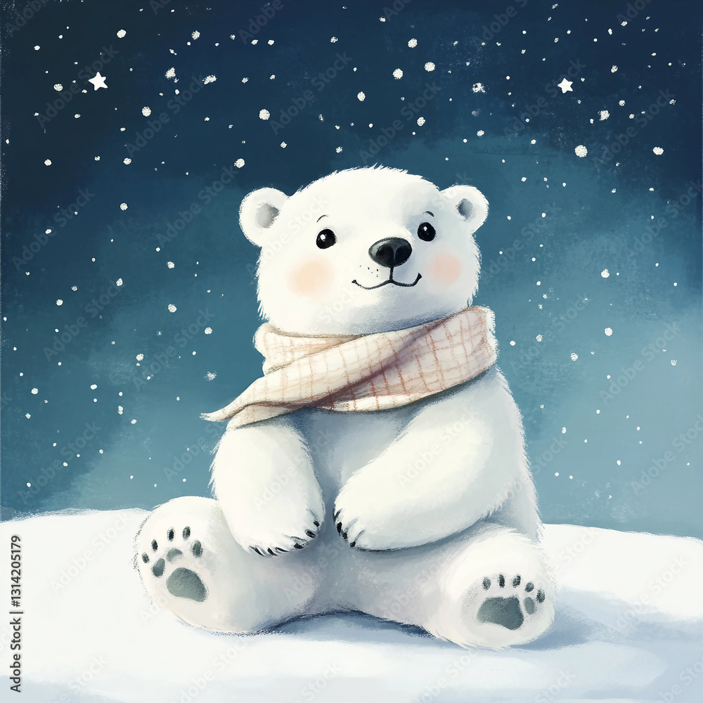 A cute polar bear is sitting on a snowy hill with a scarf around its neck A cute polar bear is sitting on a snowy hill with a scarf around its neck