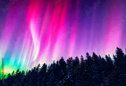 Winterwald mit leuchtenden Polarlichtern am Himmel