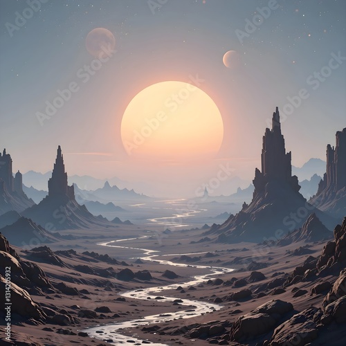Surface of an alien planet with a thin atmosphere, two suns setting on the horizon, rocky terrain with strange formations, distant galaxies visible in the sky, soft ambient light, science fiction art 