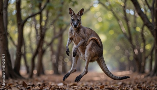 Kangaroo jumping in a forest with blurred greenery