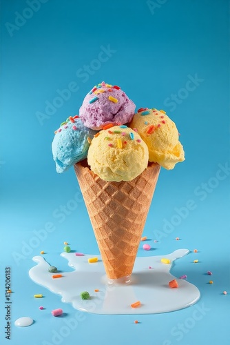 Whimsical ice cream cone with vibrant purple, blue, yellow, pink, and soft orange scoops, topped with colorful sprinkles, set against a light blue background. The smooth, creamy texture of the ice cre