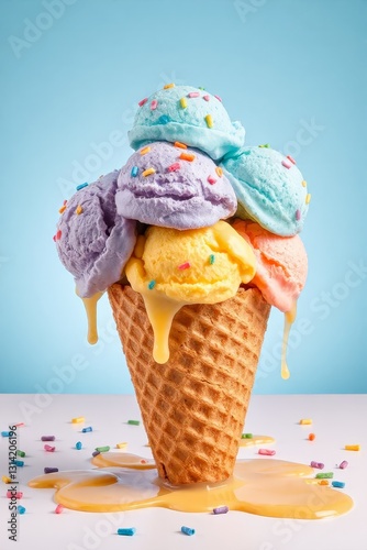 Whimsical ice cream cone with vibrant purple, blue, yellow, pink, and soft orange scoops, topped with colorful sprinkles, set against a light blue background. The smooth, creamy texture of the ice cre