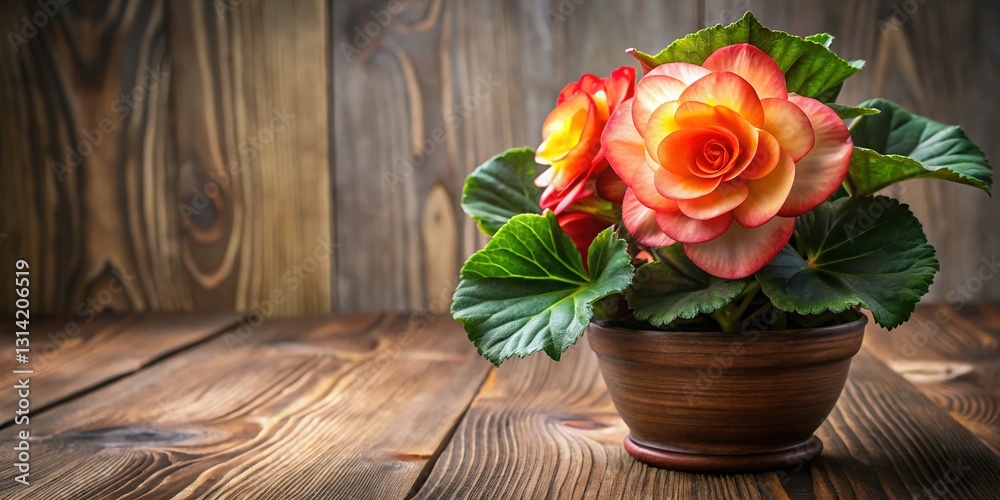 Vibrant Begonia Bloom Flat Lay: High-Contrast Wooden Background with Copy Space Vibrant Begonia Bloom Flat Lay: High-Contrast Wooden Background with Copy Space