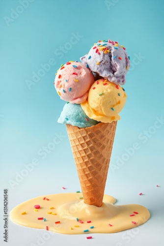 Whimsical ice cream cone with vibrant purple, blue, yellow, pink, and soft orange scoops, topped with colorful sprinkles, set against a light blue background. The smooth, creamy texture of the ice cre