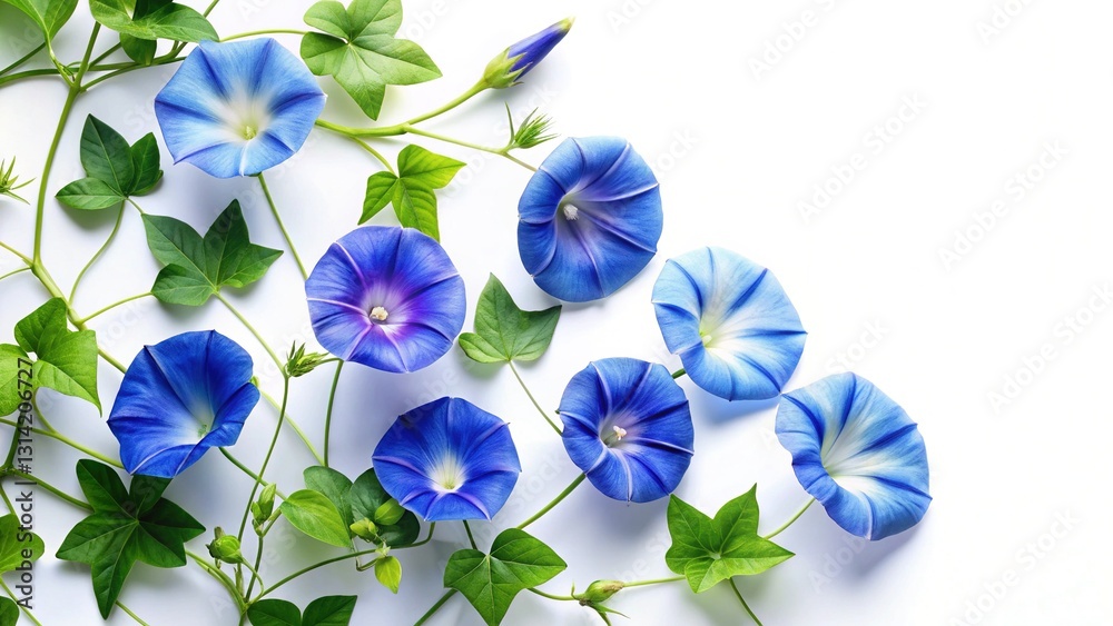 Obraz premium Vibrant Morning Glories Aerial Flat Lay with Copy Space - Fresh Splash Effect Stock Photo