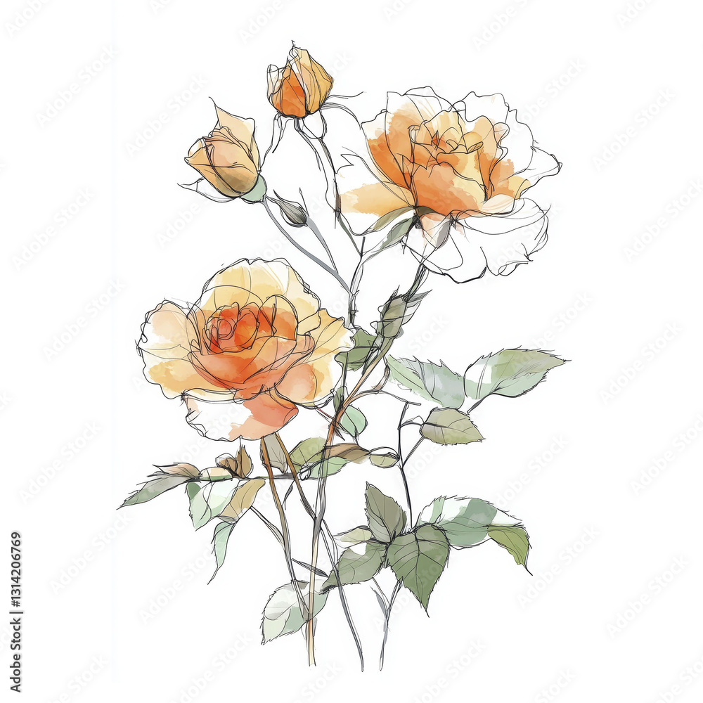 Obraz premium Elegant line art roses with watercolor details on white background