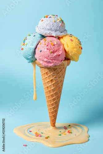 Whimsical ice cream cone with vibrant purple, blue, yellow, pink, and soft orange scoops, topped with colorful sprinkles, set against a light blue background. The smooth, creamy texture of the ice cre
