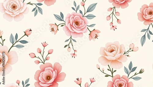 Wallpaper Mural A whimsical floral pattern featuring roses, peonies, and cherry blossoms on a creamy background
 Torontodigital.ca