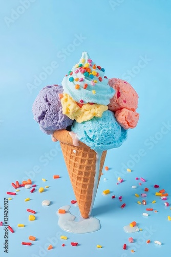 Whimsical ice cream cone with vibrant purple, blue, yellow, pink, and soft orange scoops, topped with colorful sprinkles, set against a light blue background. The smooth, creamy texture of the ice cre