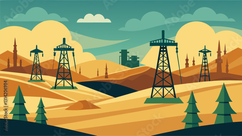 The onceflat landscape is now dotted with towering rigs an unnatural sight ast the rolling hills.. Vector illustration