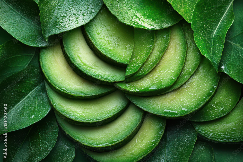 Fototapeta premium Sliced avocados with water droplets, vibrant green hues, on a white plate, fresh and enticing.