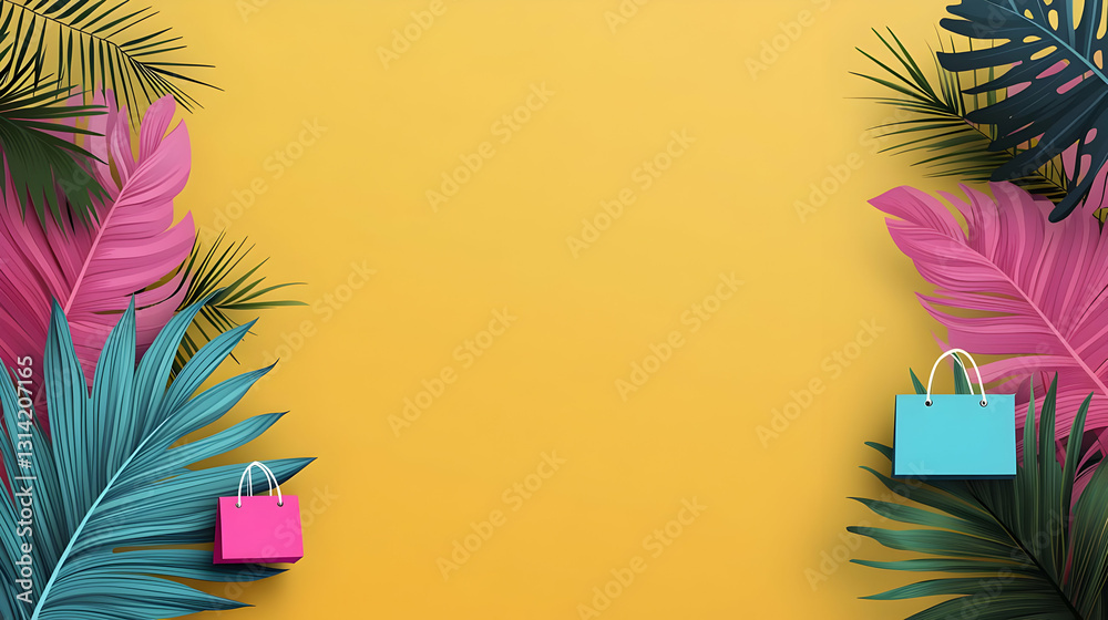 Vibrant Summer Shopping Scene With Pink And Blue Bags Nestled Among Tropical Palm Leaves On A Bright Yellow Background Vibrant Summer Shopping Scene With Pink And Blue Bags Nestled Among Tropical Palm Leaves On A Bright Yellow Background