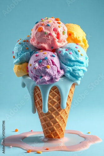 Whimsical ice cream cone with vibrant purple, blue, yellow, pink, and soft orange scoops, topped with colorful sprinkles, set against a light blue background. The smooth, creamy texture of the ice cre