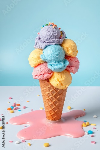 Whimsical ice cream cone with vibrant purple, blue, yellow, pink, and soft orange scoops, topped with colorful sprinkles, set against a light blue background. The smooth, creamy texture of the ice cre