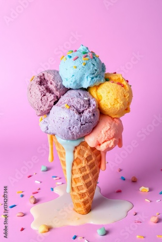 Whimsical ice cream scene with a waffle cone holding five colorful scoops in blue, purple, pink, orange, and yellow, topped with multicolored sprinkles. Set against a bright purple background, the mel