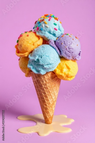 Whimsical ice cream scene with a waffle cone holding five colorful scoops in blue, purple, pink, orange, and yellow, topped with multicolored sprinkles. Set against a bright purple background, the mel