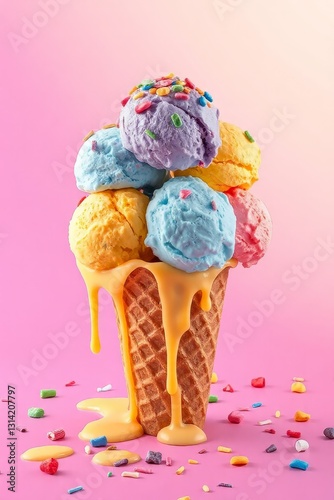 Whimsical ice cream scene with a waffle cone holding five colorful scoops in blue, purple, pink, orange, and yellow, topped with multicolored sprinkles. Set against a bright purple background, the mel