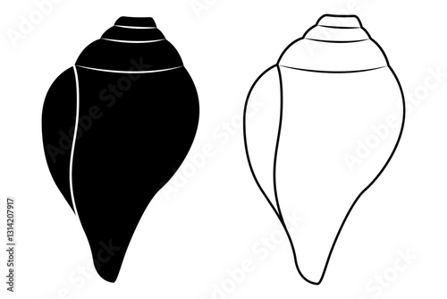 Vector illustration of conch shell in black outline and fill on transparent background