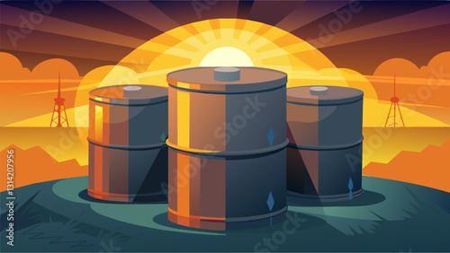 As the first rays of sunlight hit the oil tanks the metallic surfaces glimmer and shine creating a mesmerizing sight.. Vector illustration