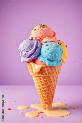 Whimsical ice cream scene with a waffle cone holding five colorful scoops in blue, purple, pink, orange, and yellow, topped with multicolored sprinkles. Set against a bright purple background, the mel
