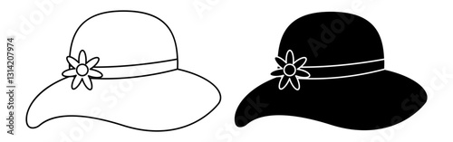 Vector illustration of women's hat  in black outline and fill on transparent background