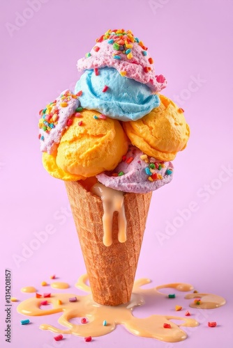 Whimsical ice cream scene with a waffle cone holding five colorful scoops in blue, purple, pink, orange, and yellow, topped with multicolored sprinkles. Set against a bright purple background, the mel