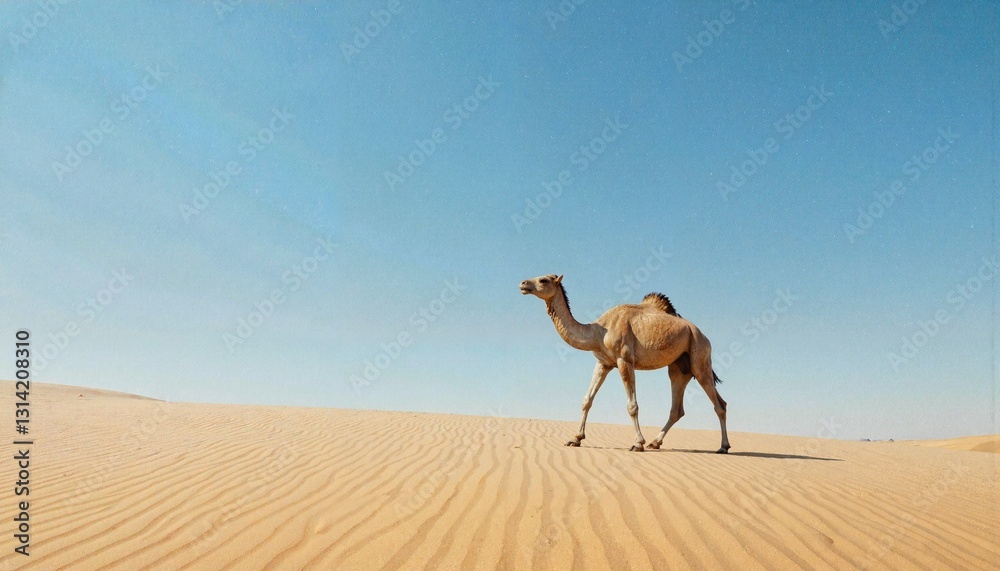 Camel walking in the desert under a clear blue sky Camel walking in the desert under a clear blue sky