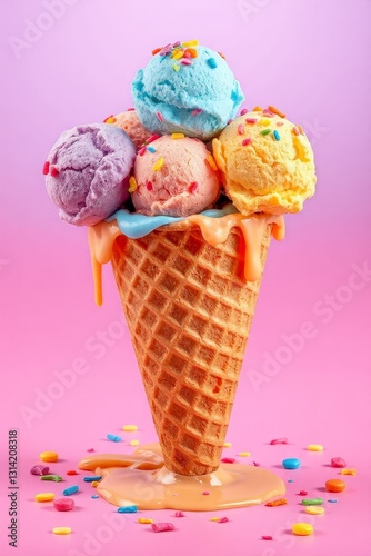 Whimsical ice cream scene with a waffle cone holding five colorful scoops in blue, purple, pink, orange, and yellow, topped with multicolored sprinkles. Set against a bright purple background, the mel