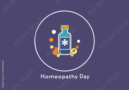 Vector Illustrations for World Homeopathy Day – Herbal Remedies, Homeopathic Bottles, Natural Healing, Icon Designs for Social Media, T-Shirts, Stickers, Posters, Print Cards & Animated GIFs