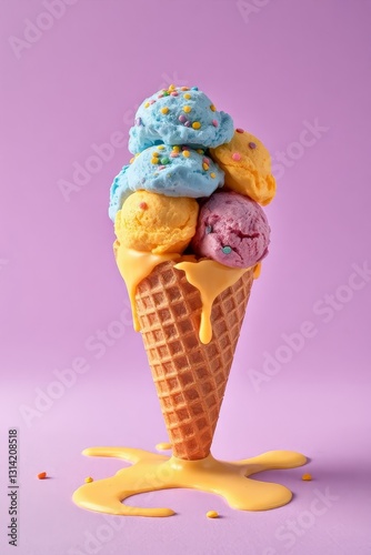 Whimsical ice cream scene with a waffle cone holding five colorful scoops in blue, purple, pink, orange, and yellow, topped with multicolored sprinkles. Set against a bright purple background, the mel