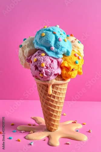 Whimsical ice cream scene with a waffle cone holding five colorful scoops in blue, purple, pink, orange, and yellow, topped with multicolored sprinkles. Set against a bright purple background, the mel