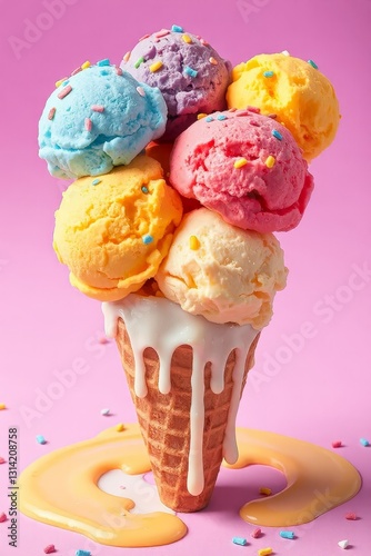 Whimsical ice cream scene with a waffle cone holding five colorful scoops in blue, purple, pink, orange, and yellow, topped with multicolored sprinkles. Set against a bright purple background, the mel