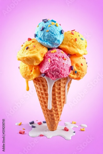 Whimsical ice cream scene with a waffle cone holding five colorful scoops in blue, purple, pink, orange, and yellow, topped with multicolored sprinkles. Set against a bright purple background, the mel