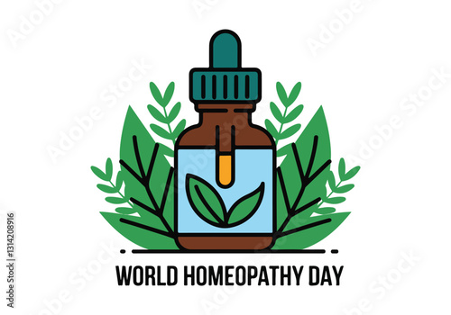 Vector Illustrations for World Homeopathy Day – Herbal Remedies, Homeopathic Bottles, Natural Healing, Icon Designs for Social Media, T-Shirts, Stickers, Posters, Print Cards & Animated GIFs