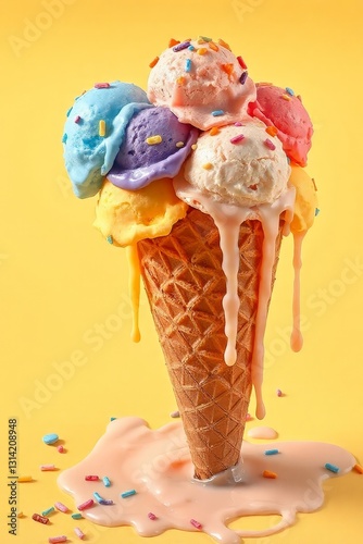 Whimsical ice cream cone with six vibrant scoops in blue, pink, green, yellow, purple, and orange, topped with colorful sprinkles, set against a bright yellow background. The classic waffle cone has a
