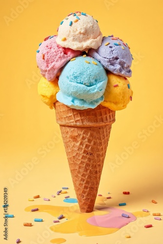 Whimsical ice cream cone with six vibrant scoops in blue, pink, green, yellow, purple, and orange, topped with colorful sprinkles, set against a bright yellow background. The classic waffle cone has a