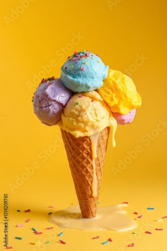 Whimsical ice cream cone with six vibrant scoops in blue, pink, green, yellow, purple, and orange, topped with colorful sprinkles, set against a bright yellow background. The classic waffle cone has a
