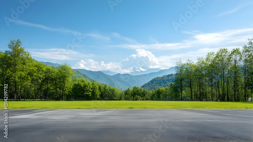 Scenic Mountain View With Lush Green Trees And Empty Asphalt Road In The Foreground On A Sunny Day