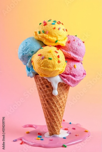 Whimsical ice cream cone with six vibrant scoops in blue, pink, green, yellow, purple, and orange, topped with colorful sprinkles, set against a bright yellow background. The classic waffle cone has a
